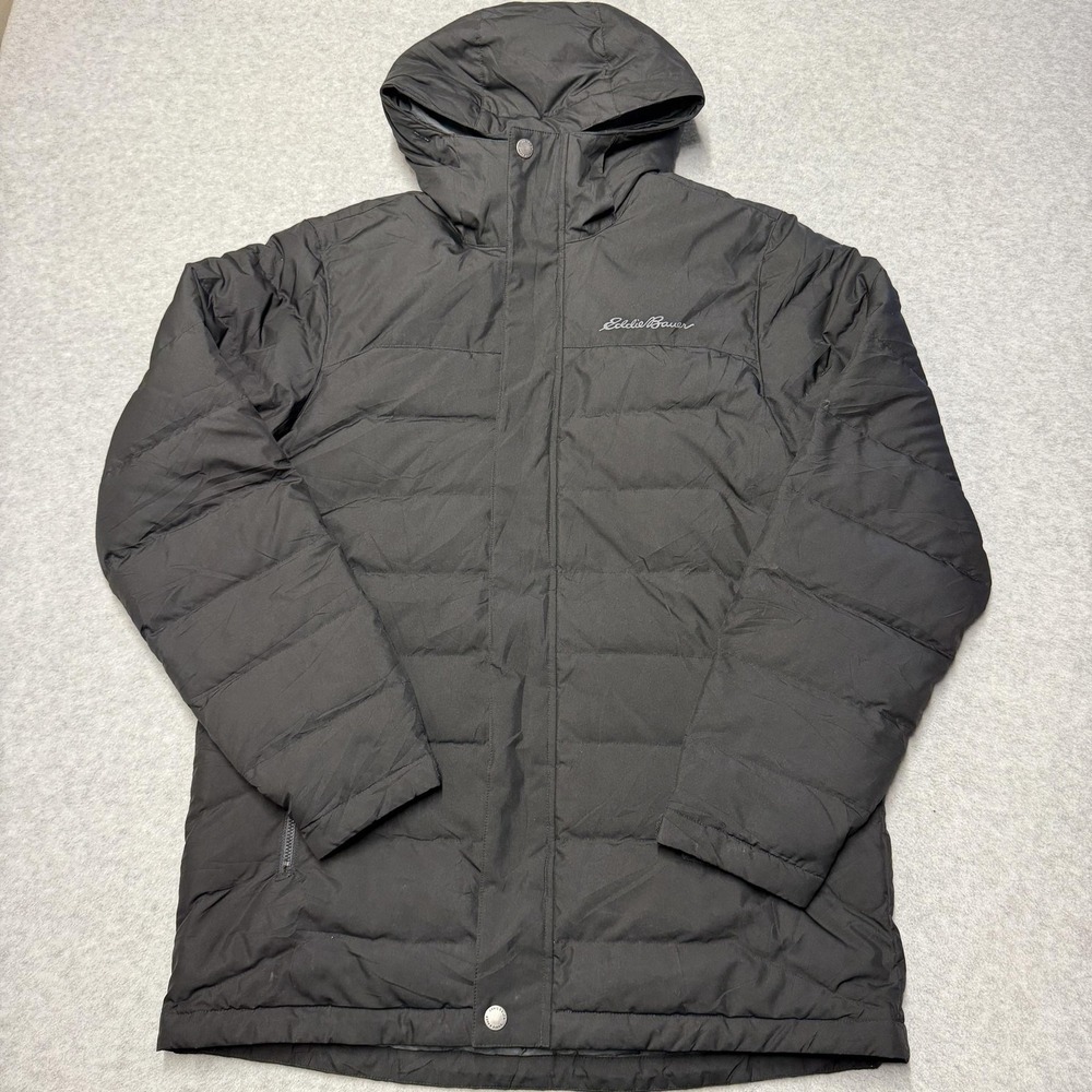 Eddie Bauer Jacket Mens Medium Black Hooded Down Puffer Quilted Winter